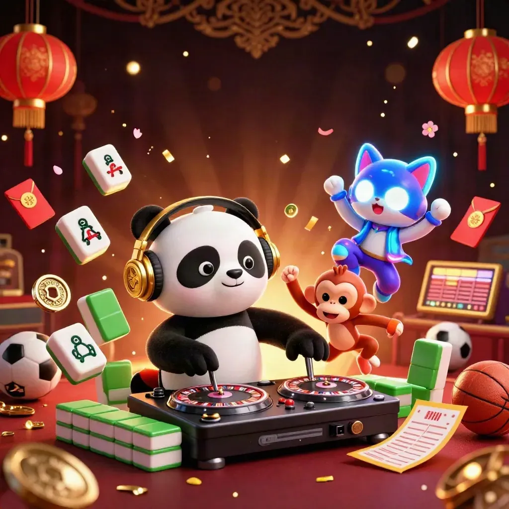 DJ panda, breakdancing monkey, and glow-stick kitten amid casino lights and flying game symbols.