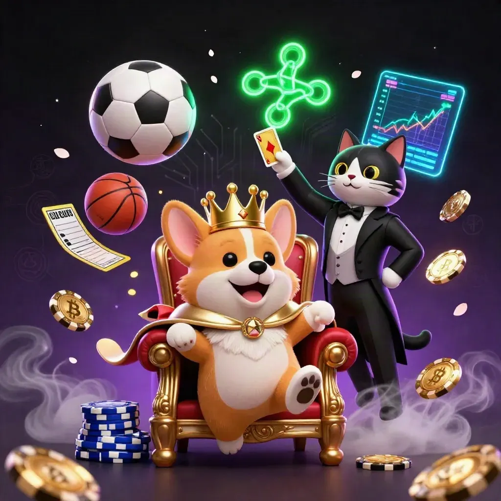 Royal corgi on poker-chip throne with cat butler, coins, balls, neon casino magic