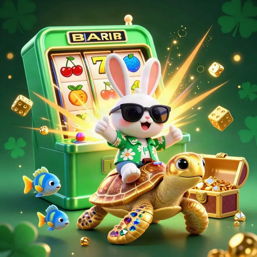 Rabbit on a golden turtle amid exploding casino riches, neon green glow, and tropical fish.