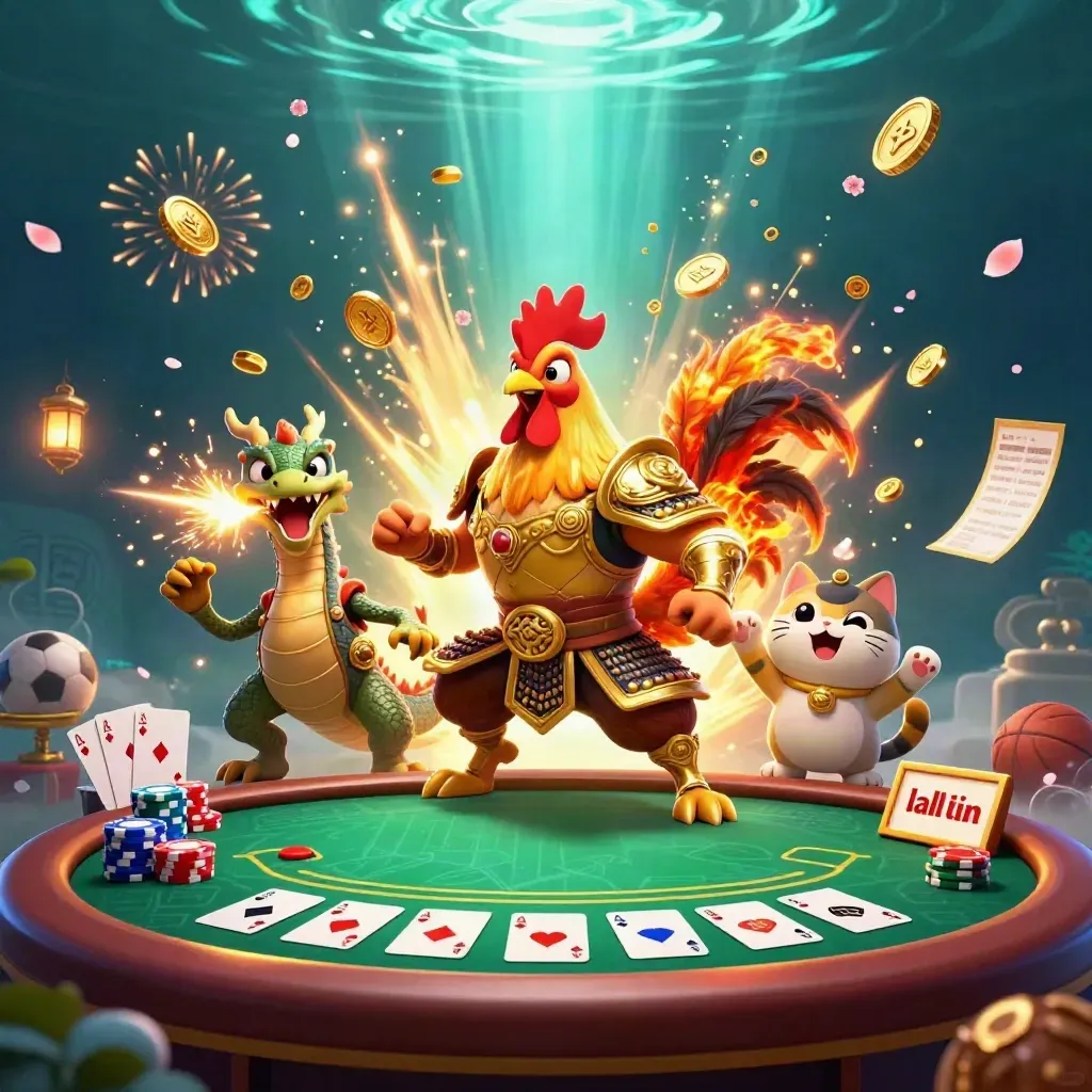 Rooster warrior, dragon hatchling, and fortune-cat amid exploding coins, chips, cards, fireworks.