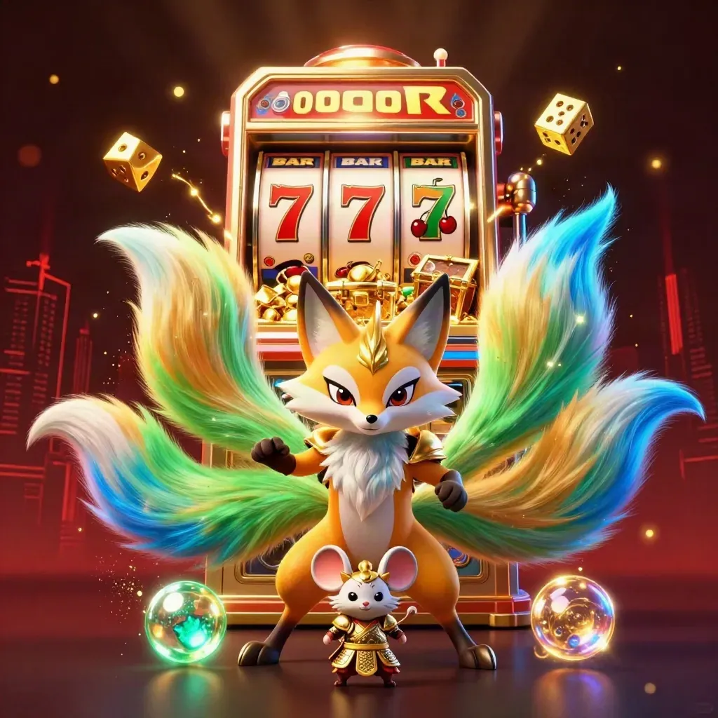 Nine-tailed fox spirit with armored mouse amid exploding slot reels, gold, dice and neon casino glow.